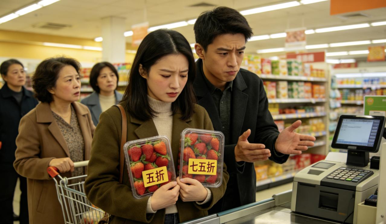 超市收银台前，一对情侣在吵架。
女生手里攥着两盒草莓，一盒打五折，一盒七五折。她