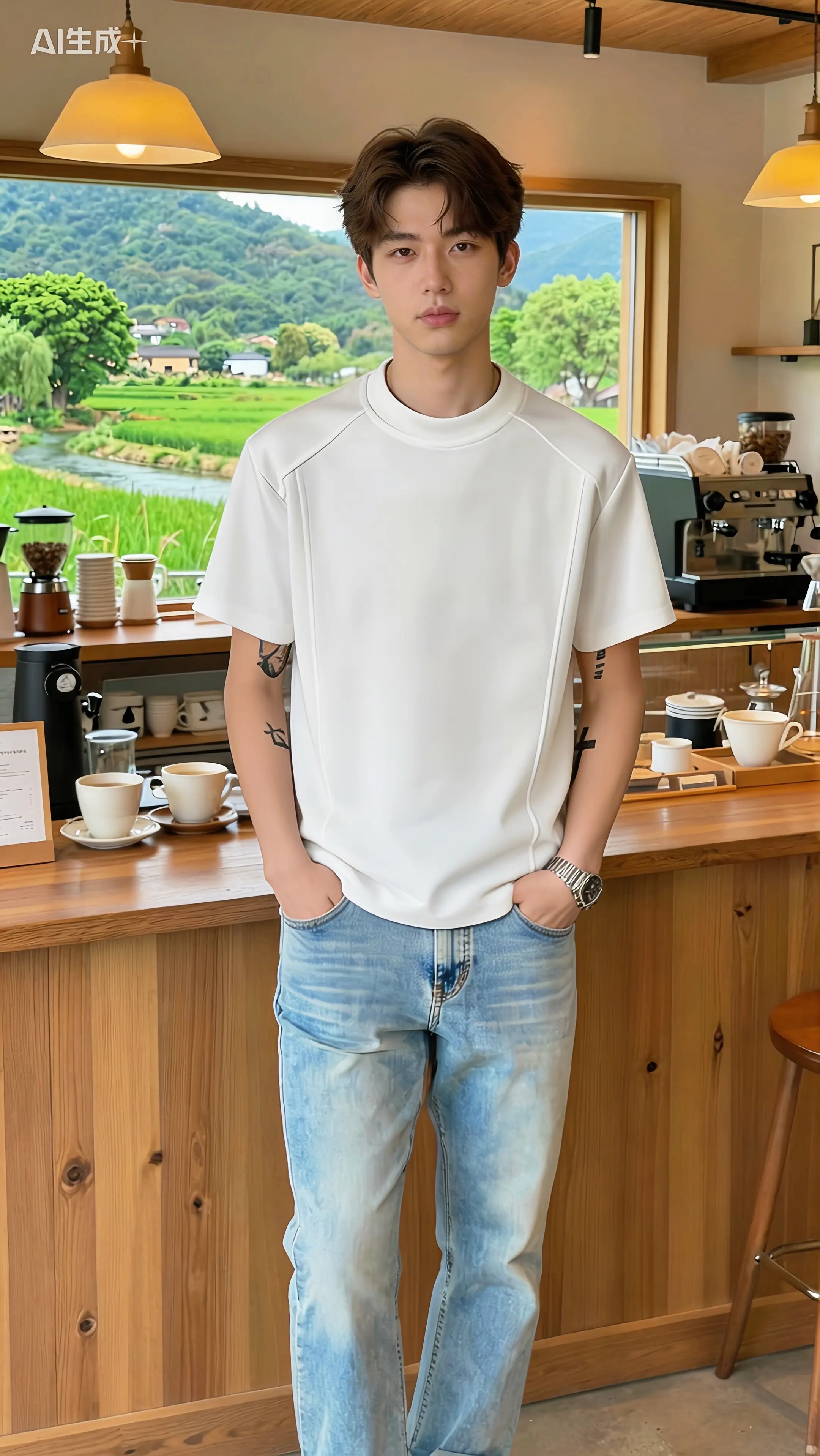 美式硬挺廓形短袖T恤男春夏潮牌小众拼接正肩体恤高街设计感上衣