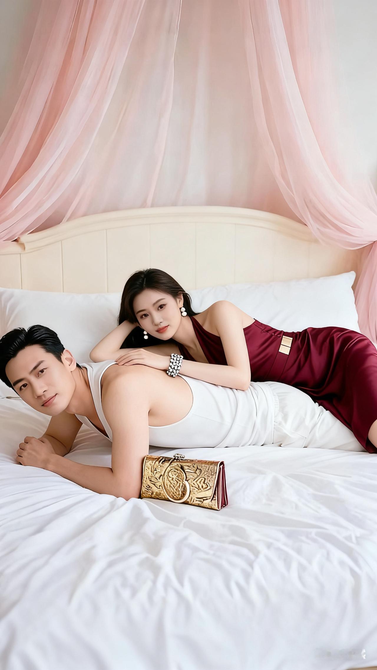 在粉色帷幔的温柔笼罩下，一对成功人士结束了忙碌的工作，迎来了属于他们的放松时刻。