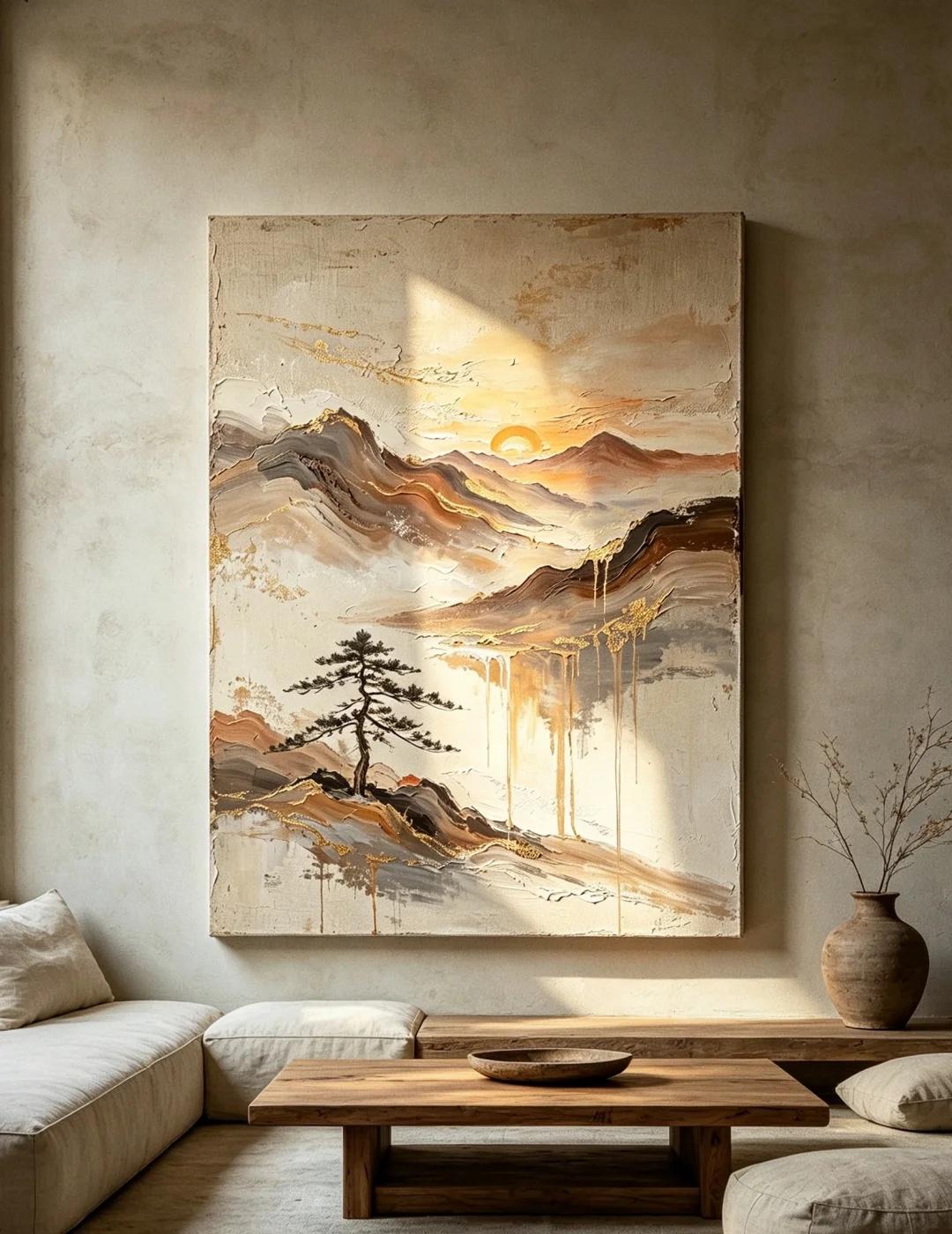 迎朝暮，山藏落日｜侘寂山水油画
远山衔落日，孤松立崖边🌄
厚叠肌理藏着山河起伏
