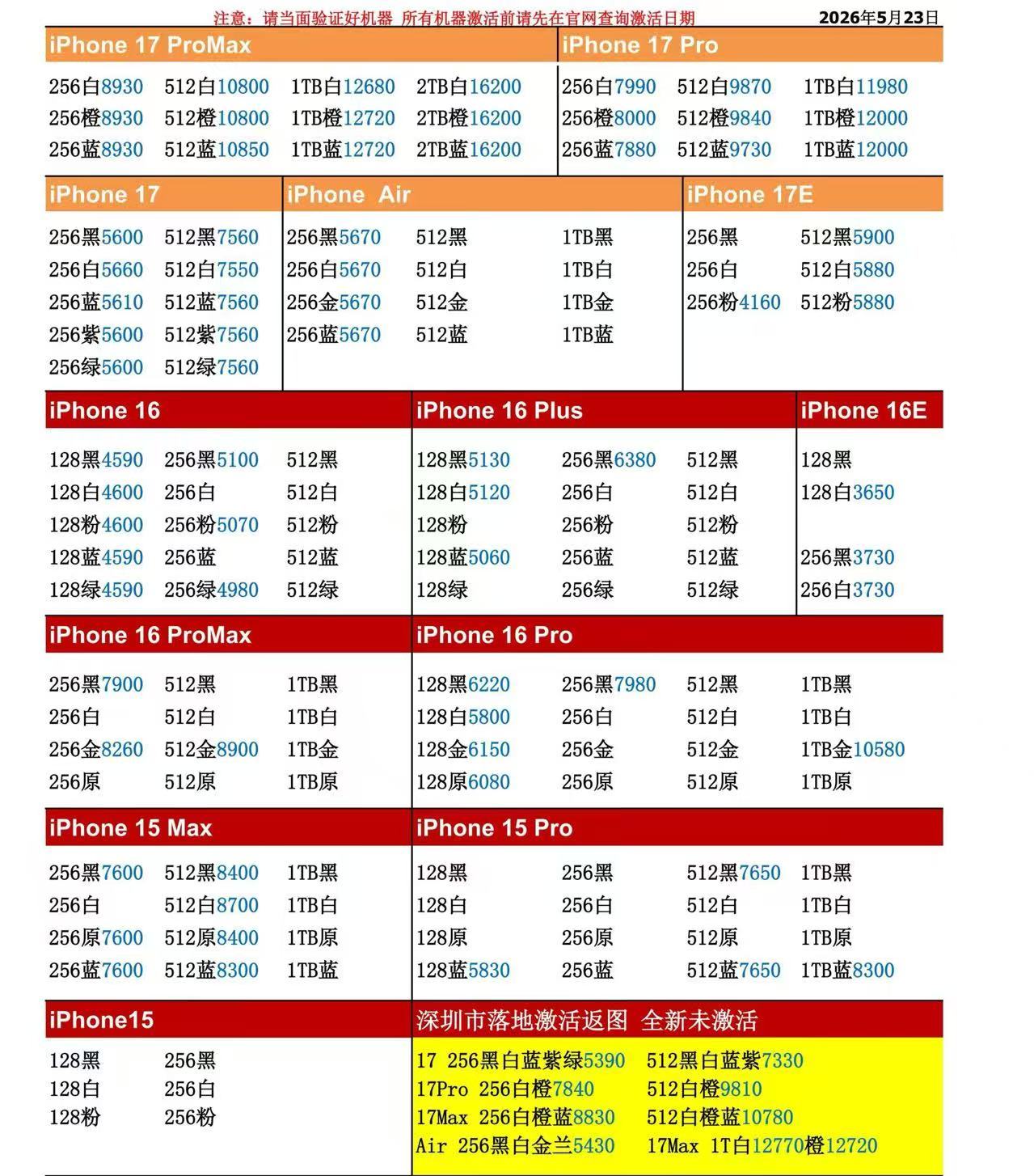 26年5月23日国行苹果手机系列价格更新，今天的17系列浮动极小，只是少数型号有
