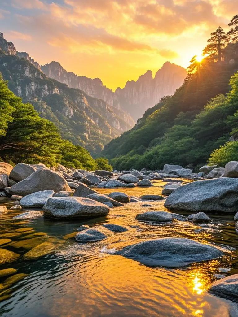 泰山彩石暮阳斜，溪面金波舞彩纱。石卧清流添韵致，林披霞帔韵无涯，仙境迷人忘返家。
