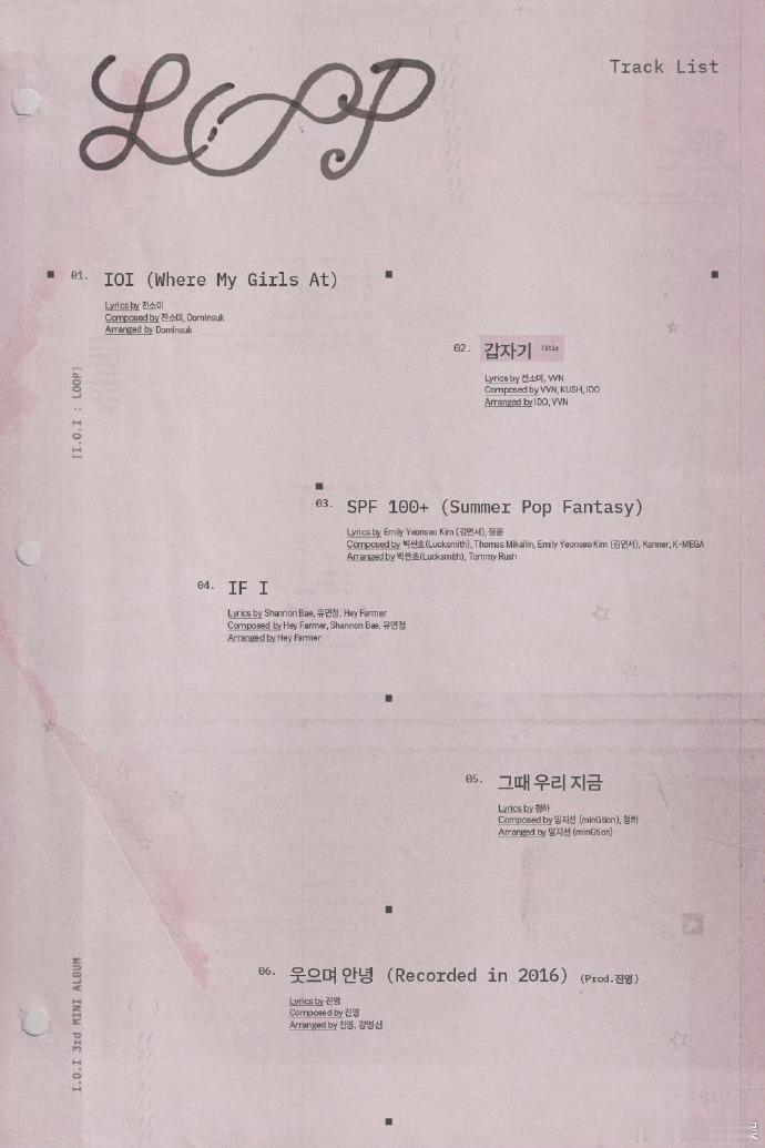 I.O.I迷你三辑《I.O.I：LOOP》歌单公开，专辑将于5月19日发行。 
