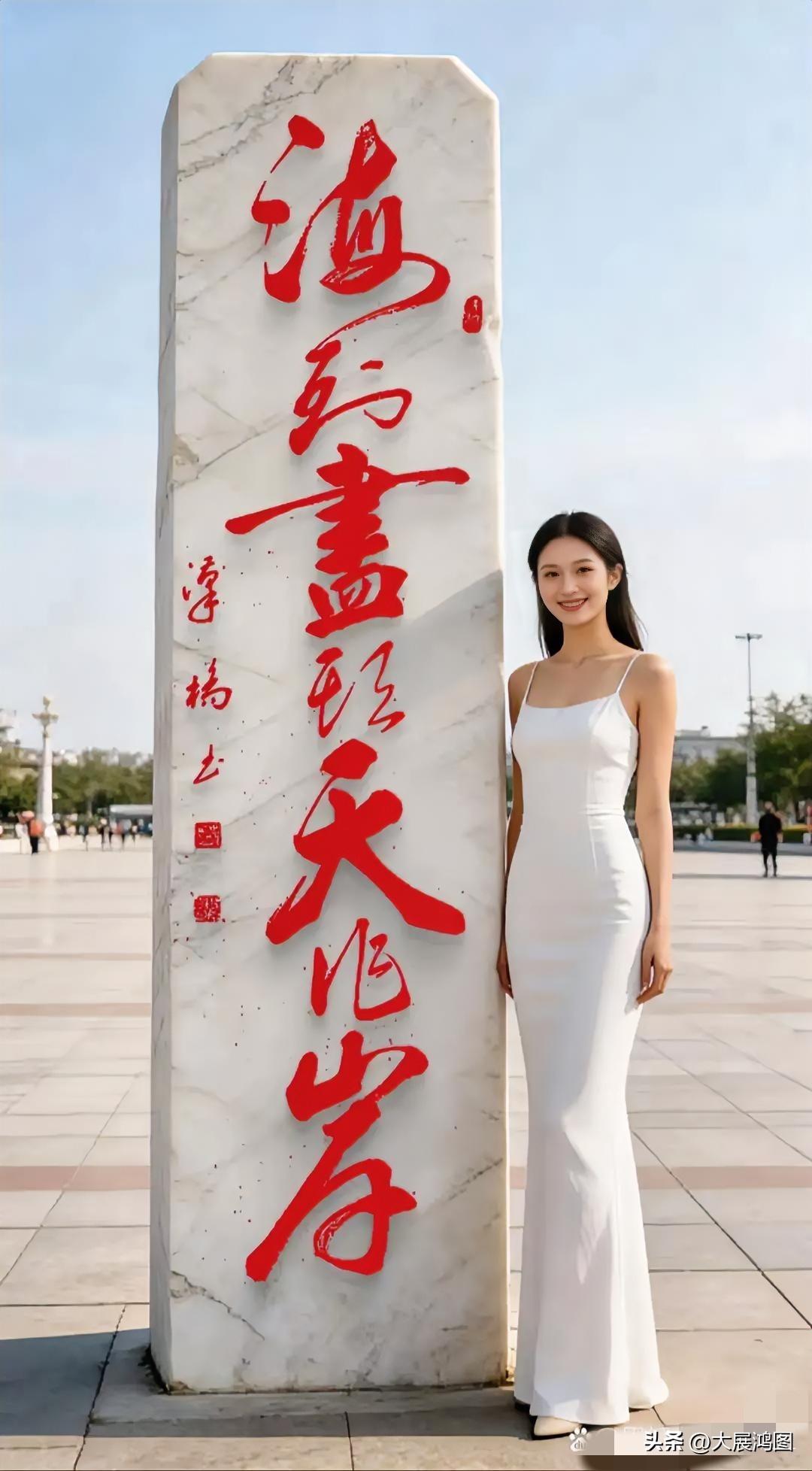 打卡“海到尽头天作岸”，一袭惊艳的白色长裙与红字石碑相得益彰。水边白裙照 海边白