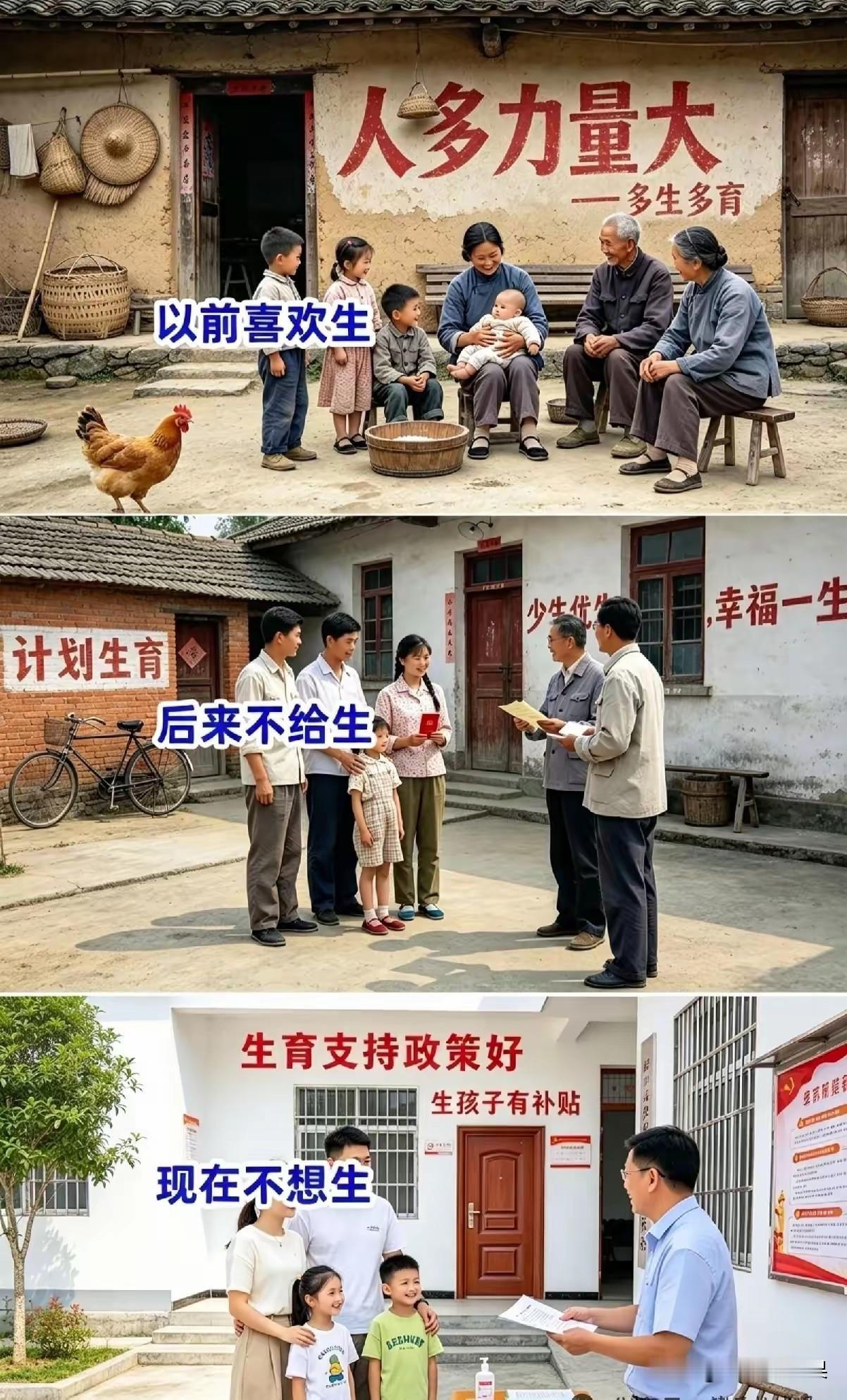 时代三张图，道尽生育变迁。
从前鼓励多生，后来严控生育，如今放开给补贴，大家反而