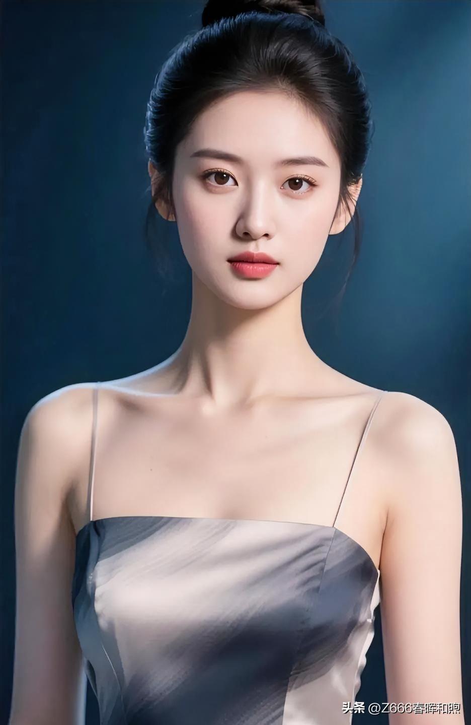 墨发高绾，露肩曳轻裳。深蓝背景如沉静夜幕，光影流转间，勾勒出清冷与温婉交织的绝美