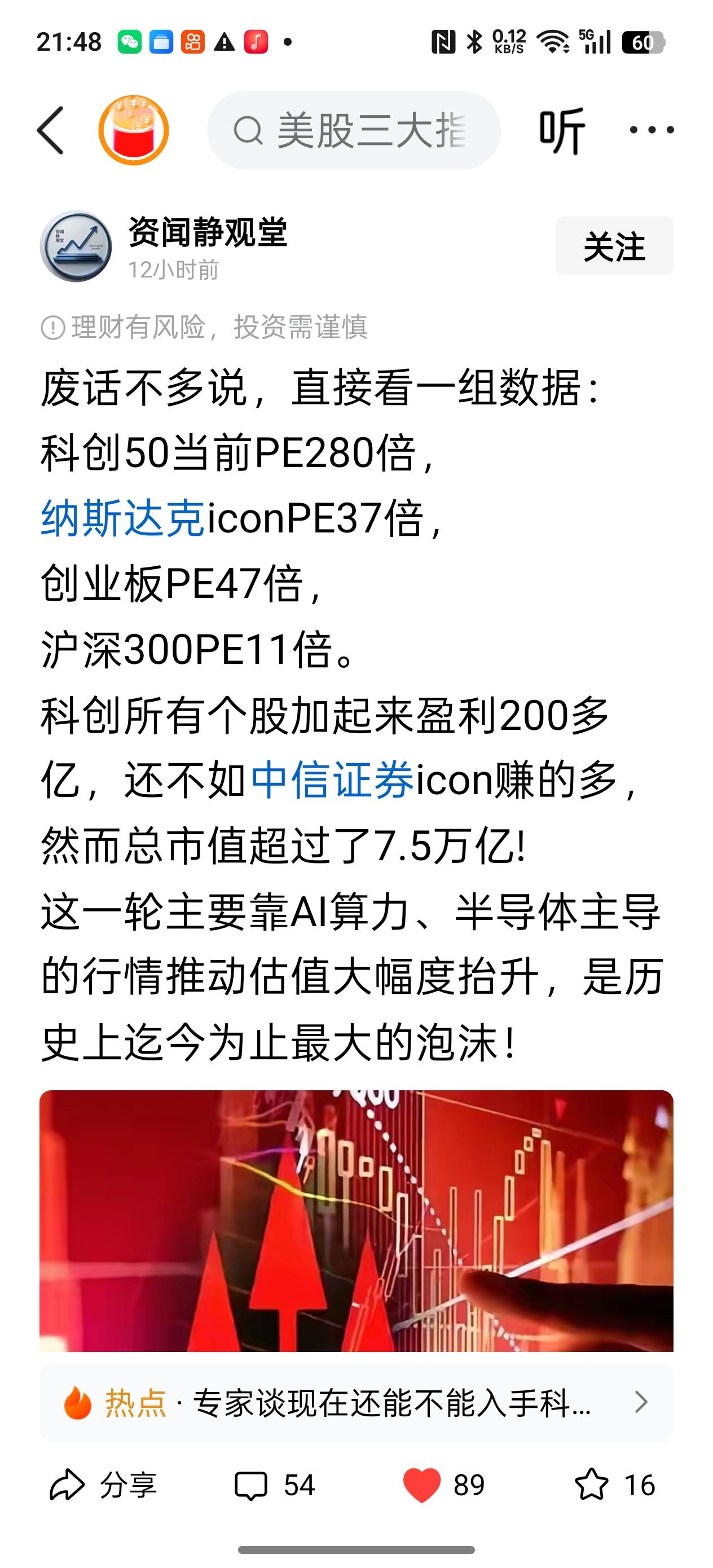 废话少说，上道具，不，是上几组数据:
1、目前科创50市盈率280倍。美股纳斯达