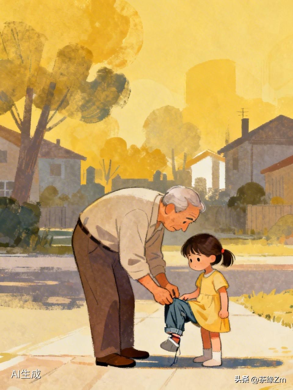 今天路过小区，瞧见一位爷爷正帮小孙女穿裤子。这小孙女约莫6岁上下，这样的帮忙本是
