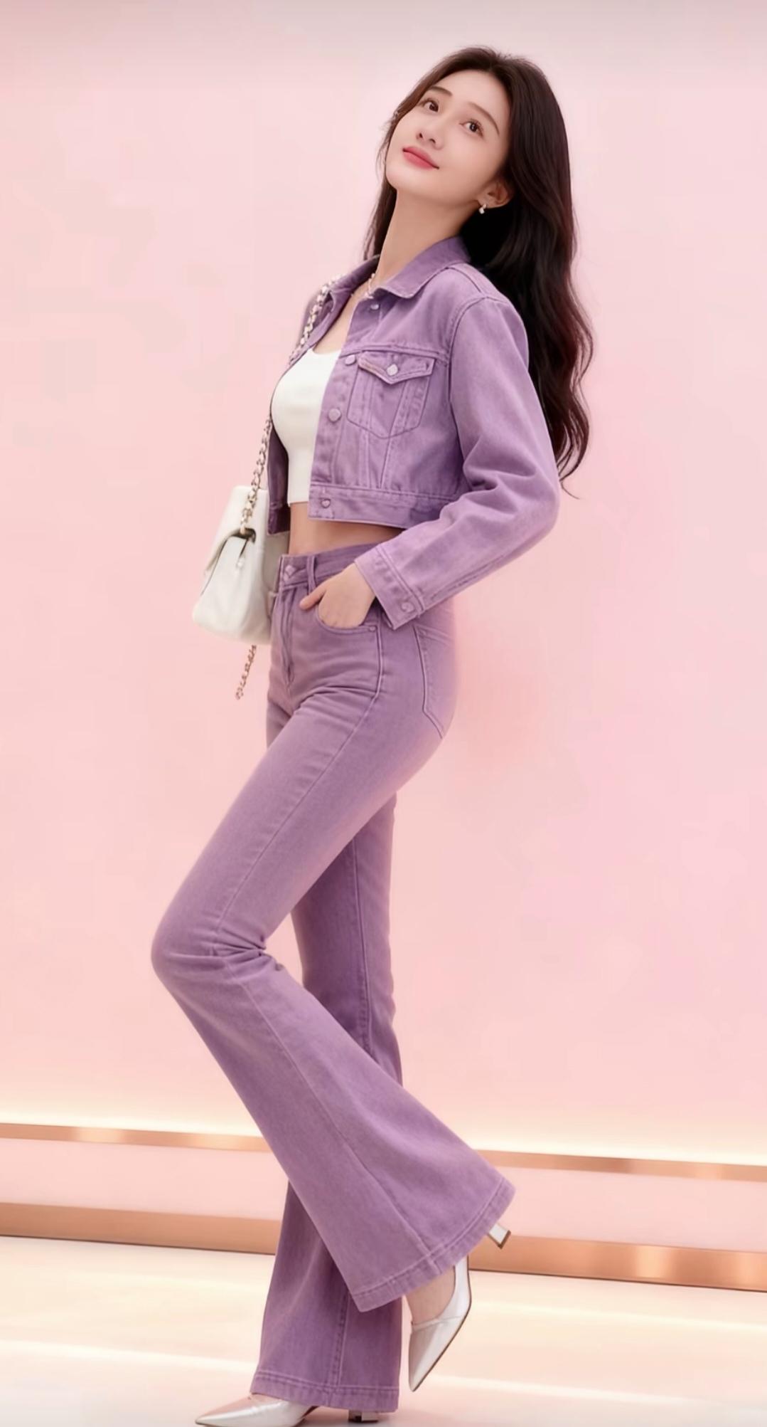 紫色牛仔套装，搭配白色上衣，轻松打造都市时尚感！