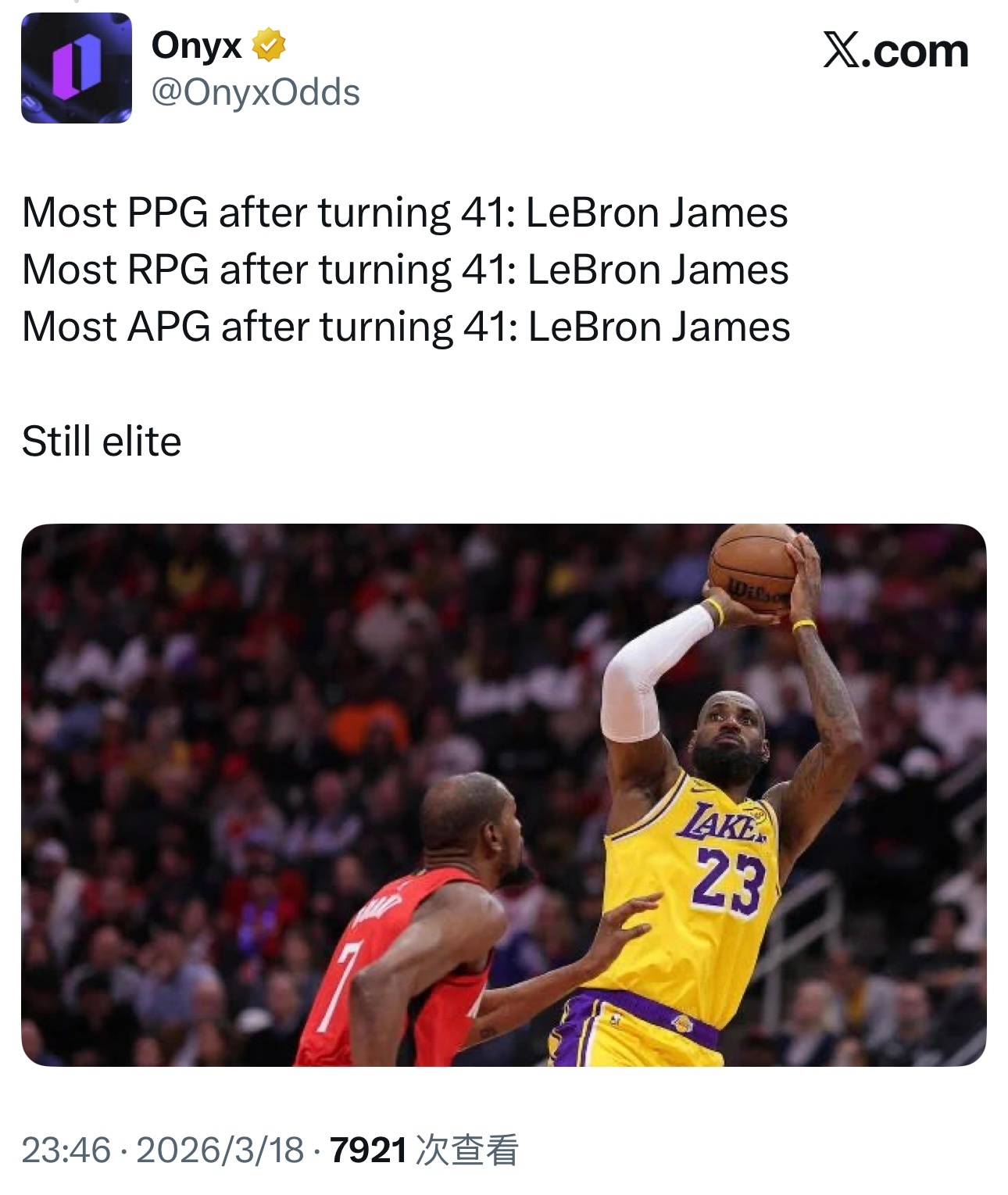 41岁以后场均得分、篮板、助攻最多的都是詹姆斯，搁以前球迷都说“老兵不死”，换成