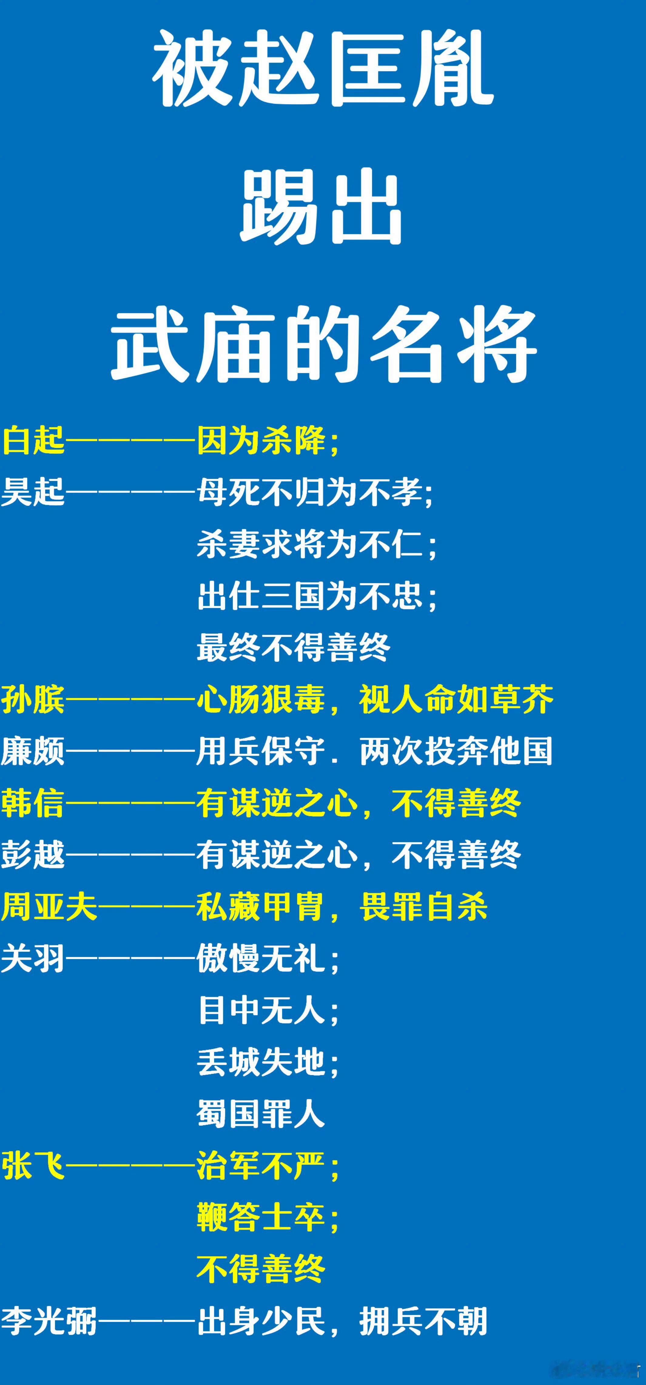 关羽：被赵匡胤踢出了武庙；韩信：被赵匡胤踢出了武庙；孙膑：被赵匡胤踢出了武庙；赵