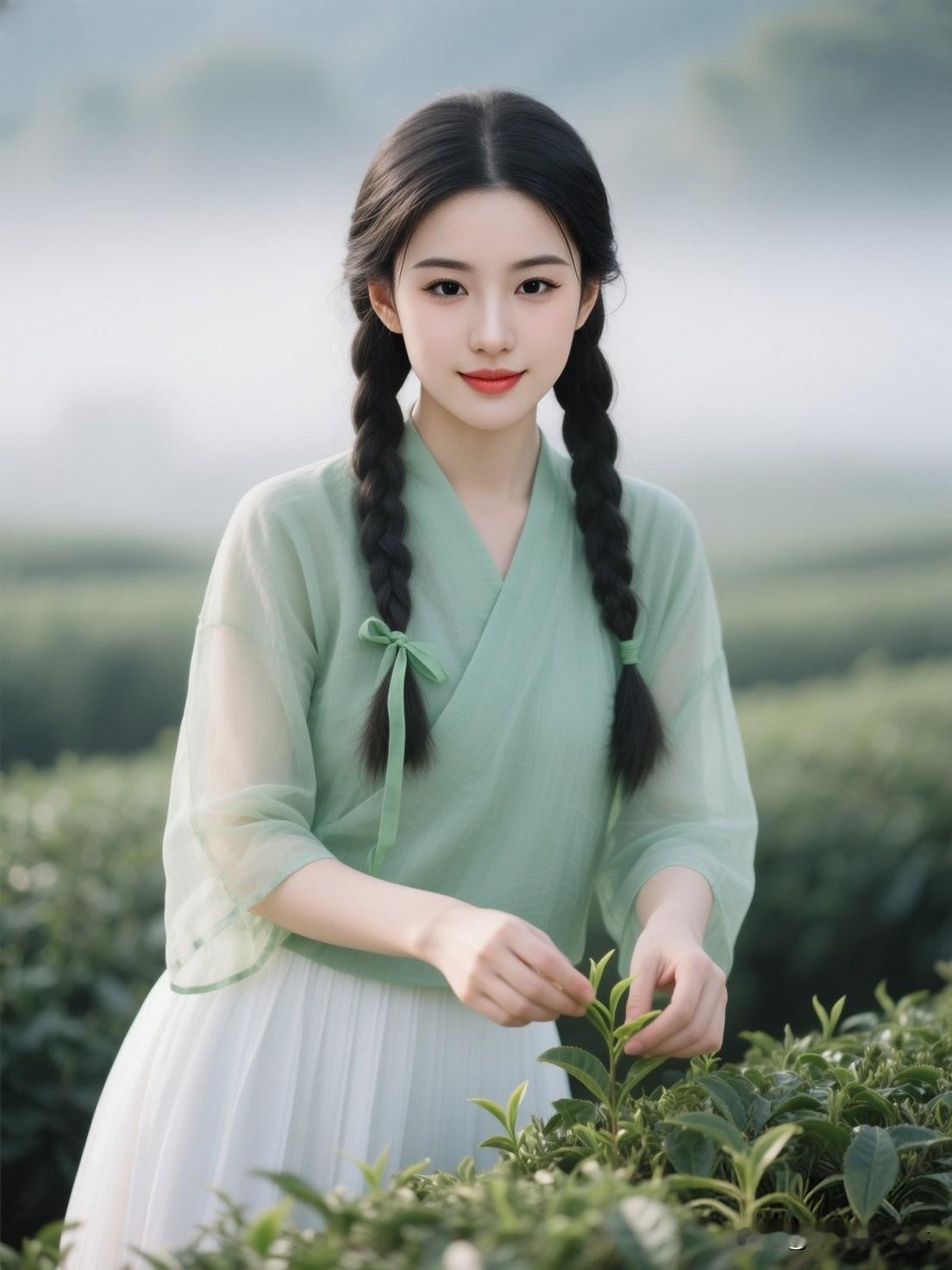 茶园绿意浓，少女采茶忙。一抹相思魂断处，念念不忘有相思。采茶姑娘写真 茶园少女