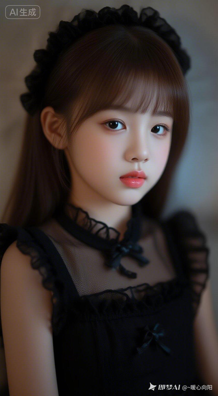 小妹幼态脸蛋娇憨可爱，眼眸无辜纯澈。深栗棕森系发丝垂坠泛光，瓷感白肌搭配黑薄洛丽