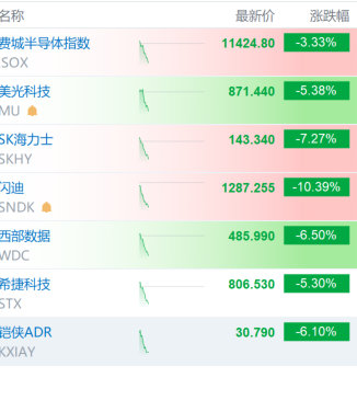 【美存储板块集体大跌，SK海力士大跌6.25%】7月27日，美股存储板块跌幅扩大