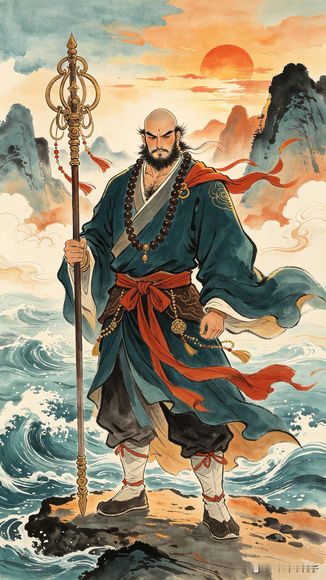 琉璃盏碎贬流沙，
赤发虬髯裹褐裟。
九曲寒波皆踏过，
        
…………