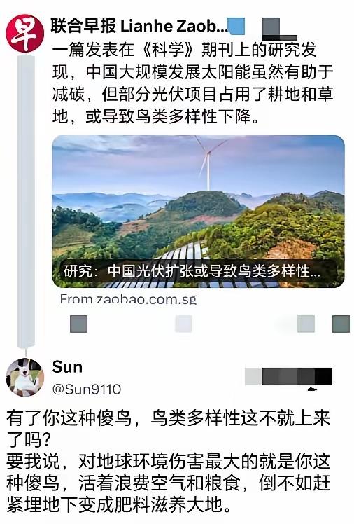 新加坡媒体批评中国新能源，称这会导致鸟类消失，却遭到中方网友神回复！

​新加坡