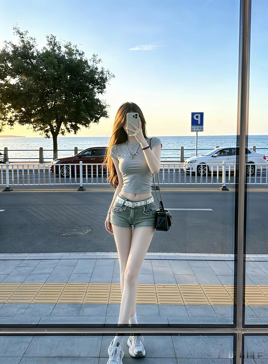 海边自拍，清新夏日穿搭，元气满满的一天！🌞
