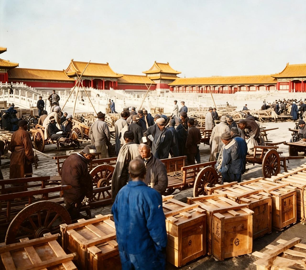 这是故宫文物南迁的场景。1933年1月山海关失陷后，故宫博物院理事会决定分批南运