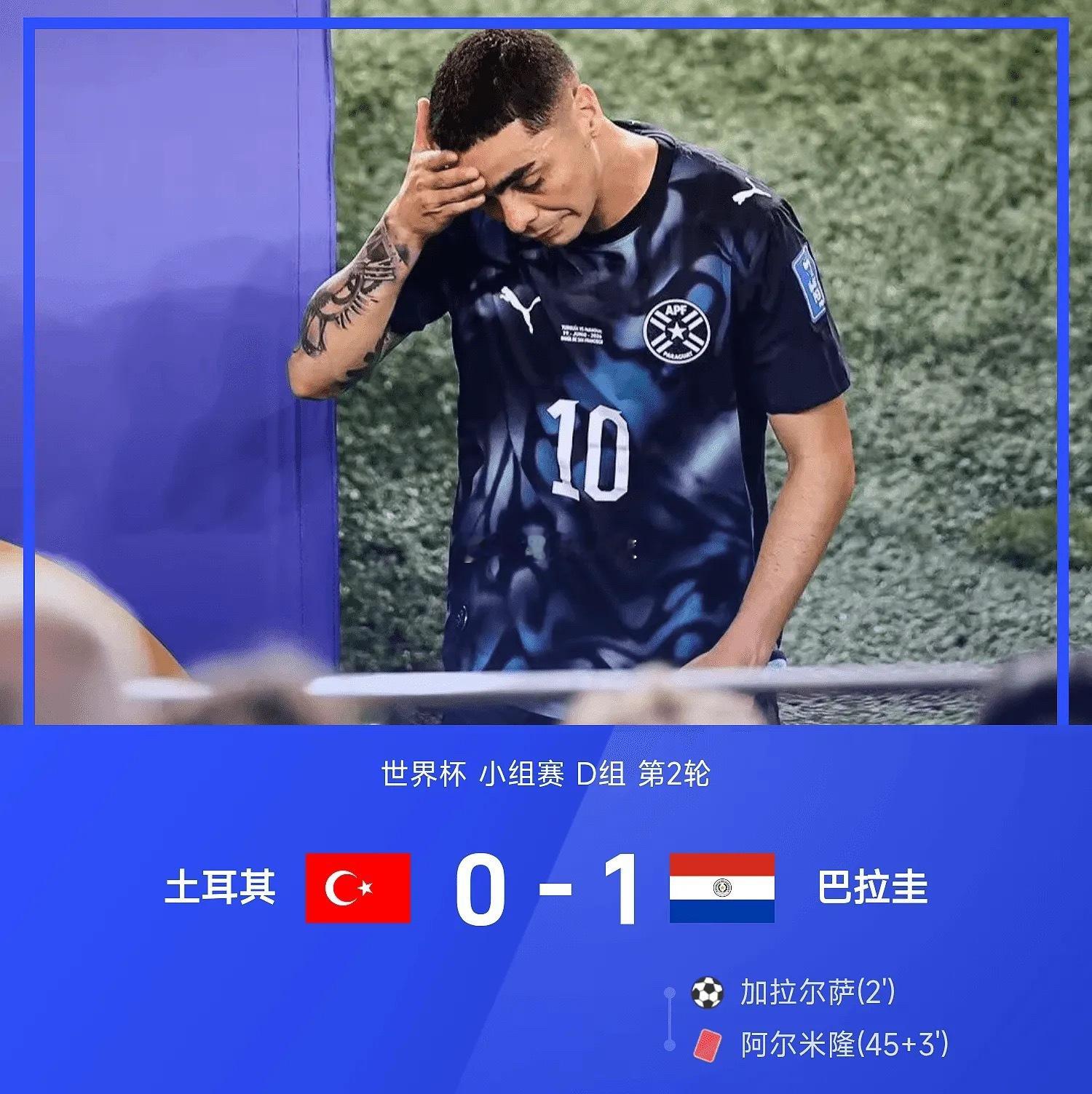世界杯小组赛D组第2轮，巴拉圭1-0战胜土耳其。全场比赛，加拉尔萨破门建功，阿尔