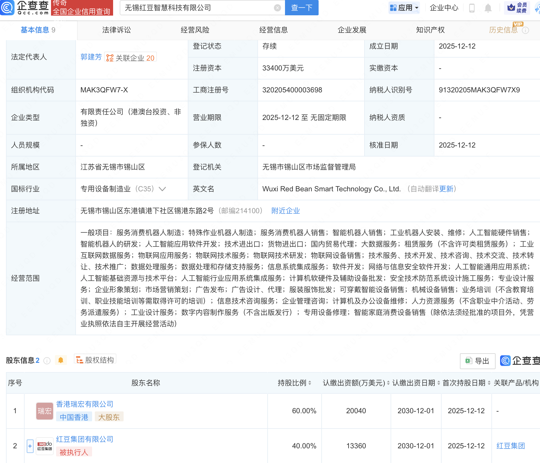 红豆集团等成立智慧科技公司，含AI及机器人业务