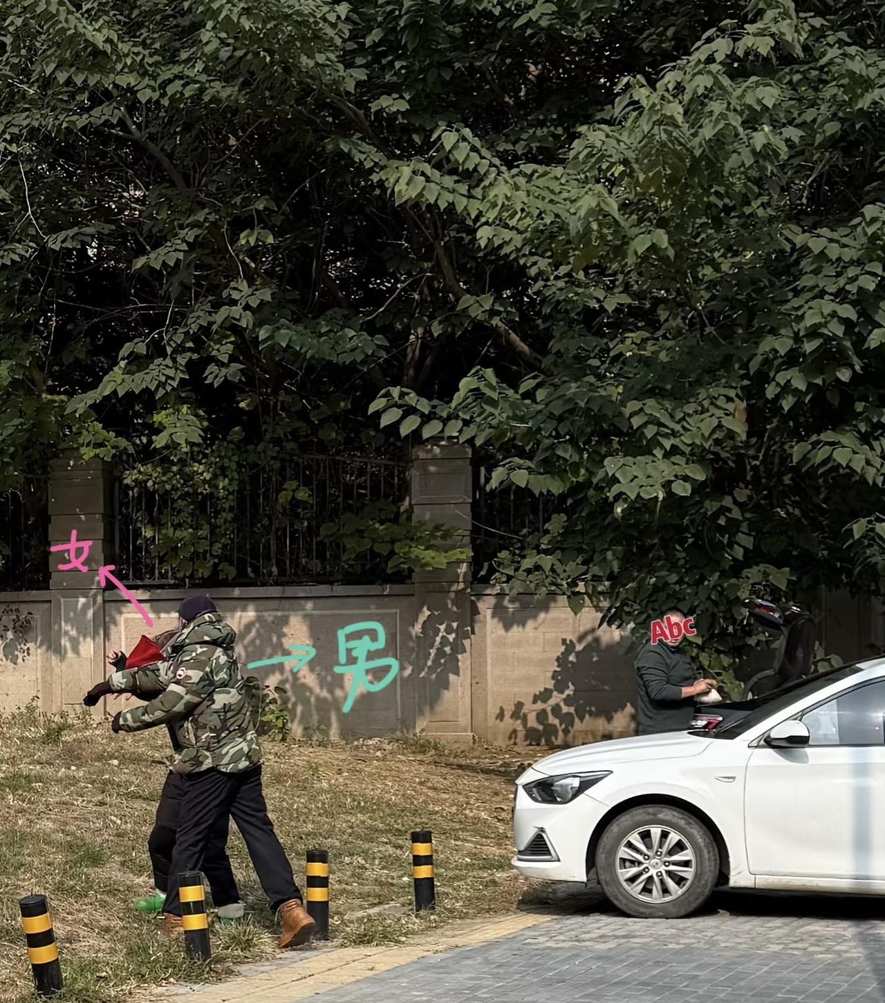在路边看到个男的在打女人，又拽又骂，拳头一下下往下落。我喊“不能打人！”那男的让