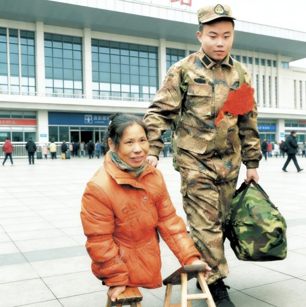 没有双腿的妈妈送儿当兵，这一幕感动了所有的人。虽然行走不便，但她用两个小板凳当腿