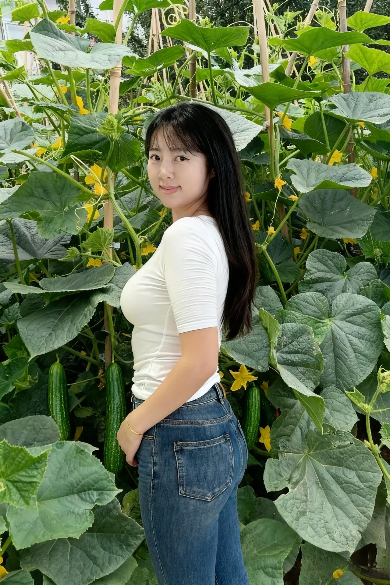 倩影亭亭立芳丛，叶底风来香暗生。
笑靥藏花心自暖，眸中涵得一园风。