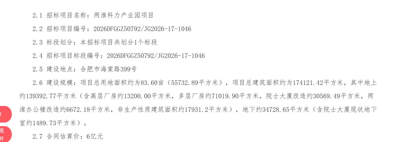 6 亿元】
近日，两淮科力产业园项目启动招标工作。项目坐落于合肥市海棠路399号