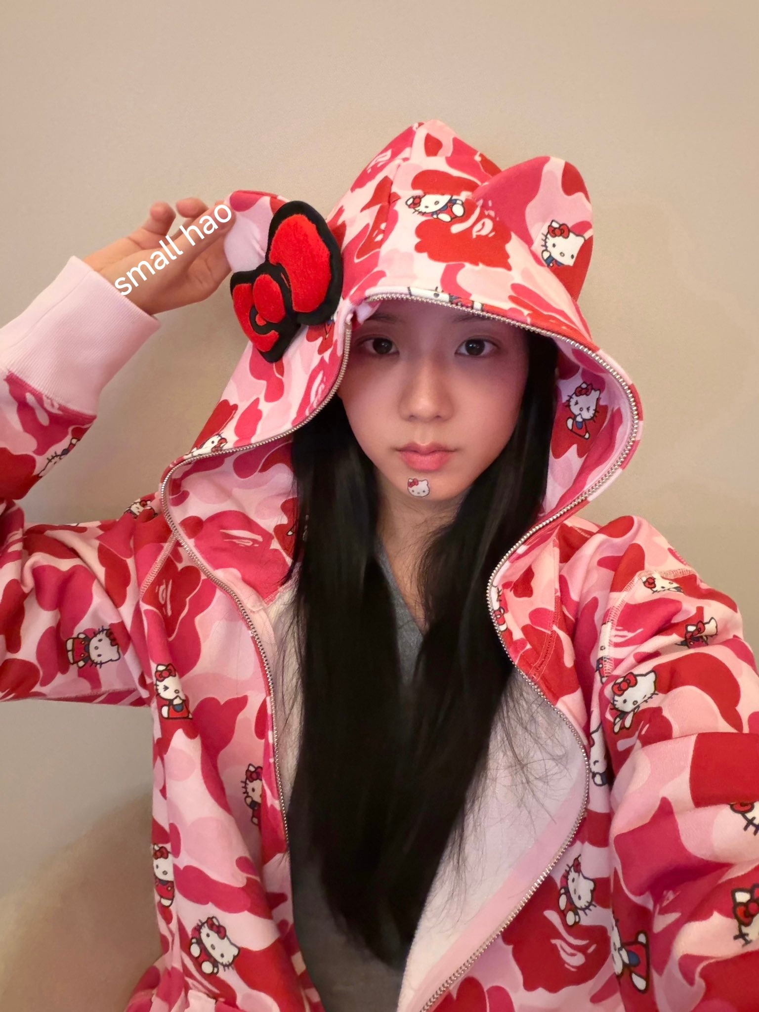 Jisoo：炫耀一下我的新帽衫哈哈，下巴上长了个啥T_T 久违的用了彩~英送给我