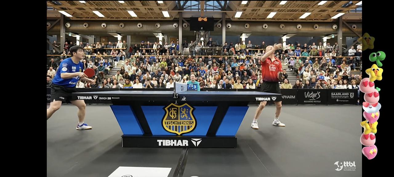 萨尔布吕肯主场迎战富尔达，富尔达主教练孟庆宇也亲自上场与樊振东过招，感受大师课魅