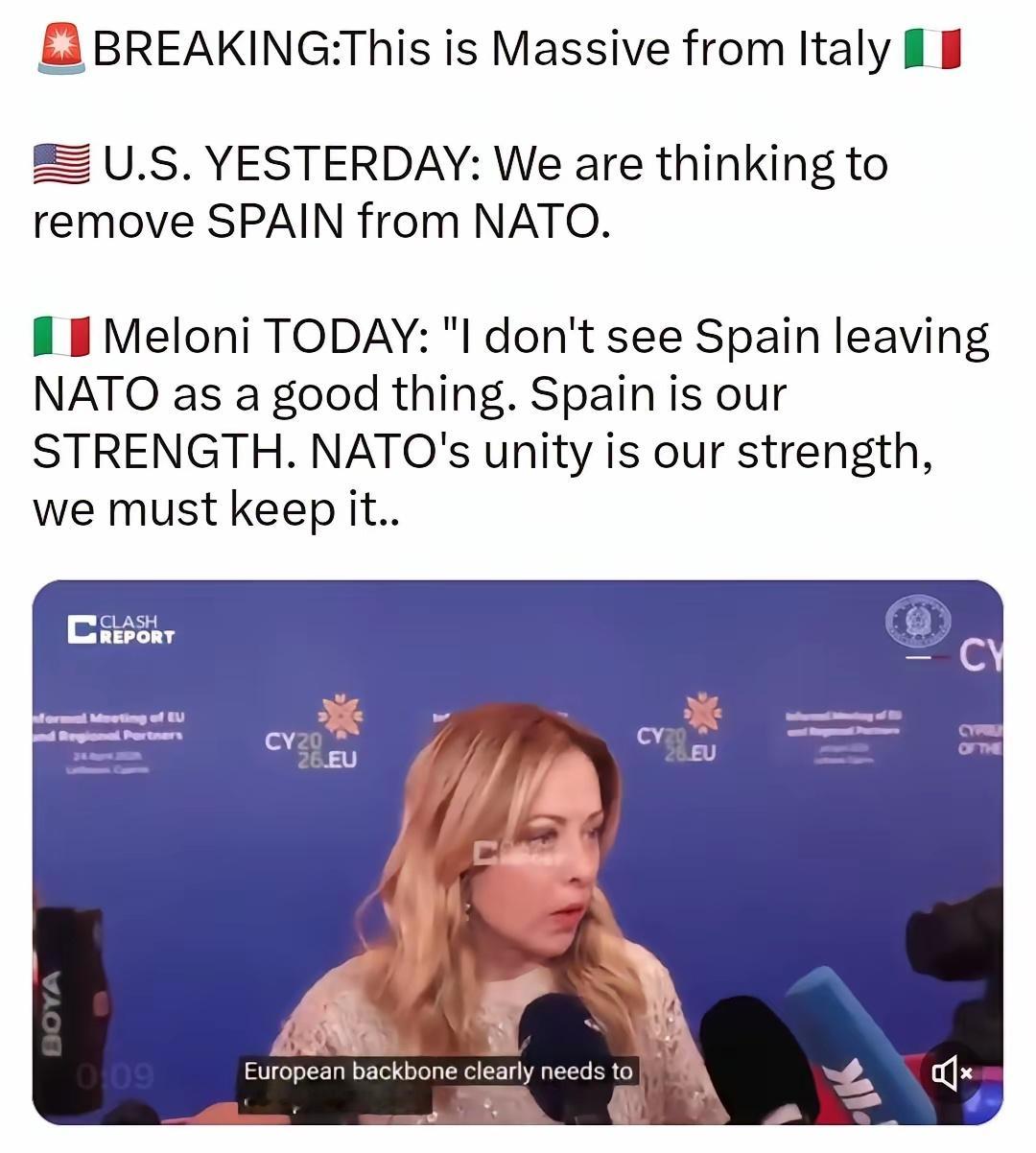 美国表示正考虑将西班牙从北约中除名。但意大利梅洛尼持不同意见，表示：“我并不认为