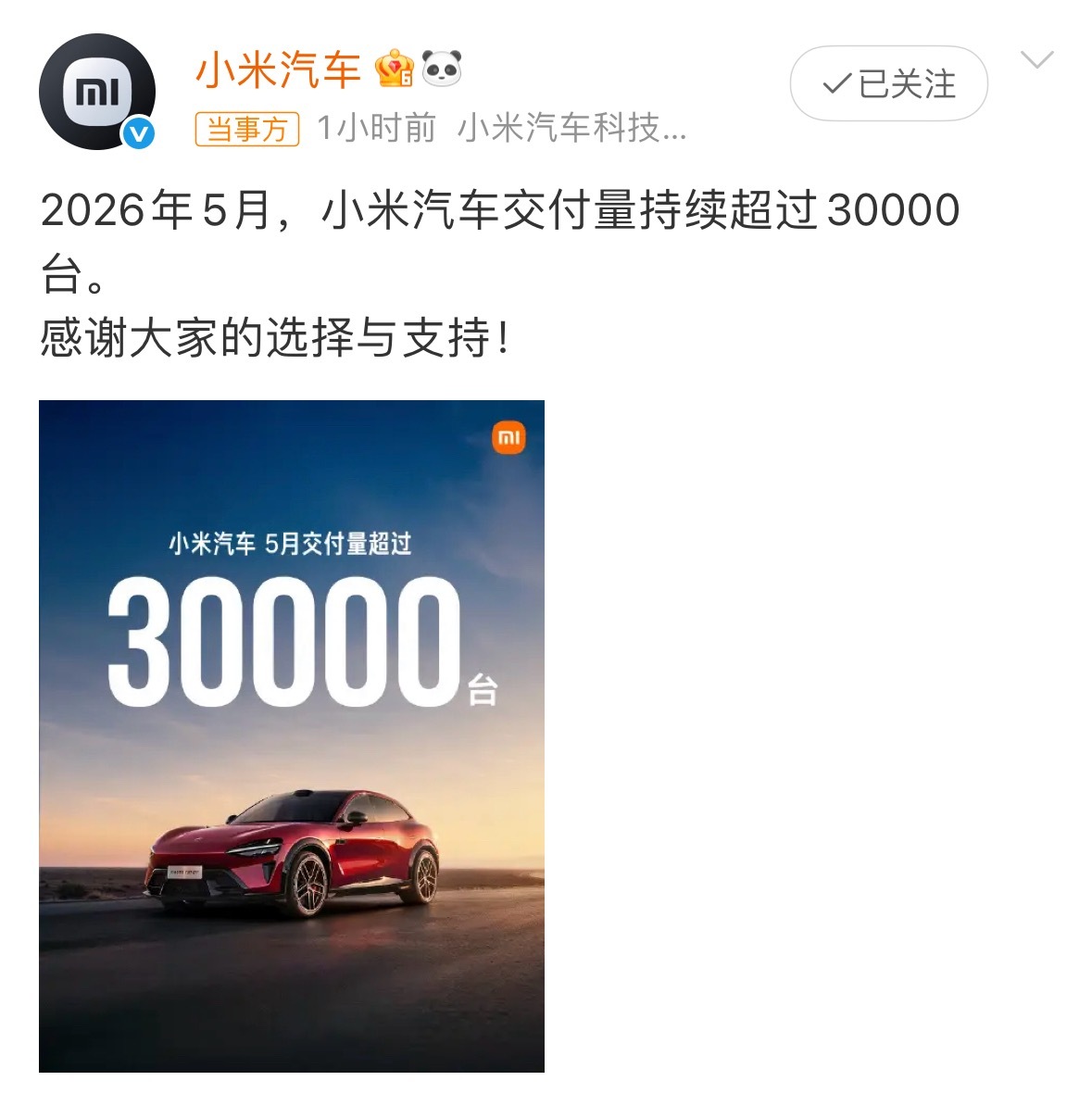 6月刚开始，各大车企也都开始公布5月份销量了。小米的成绩依旧亮眼，5月交付量再破