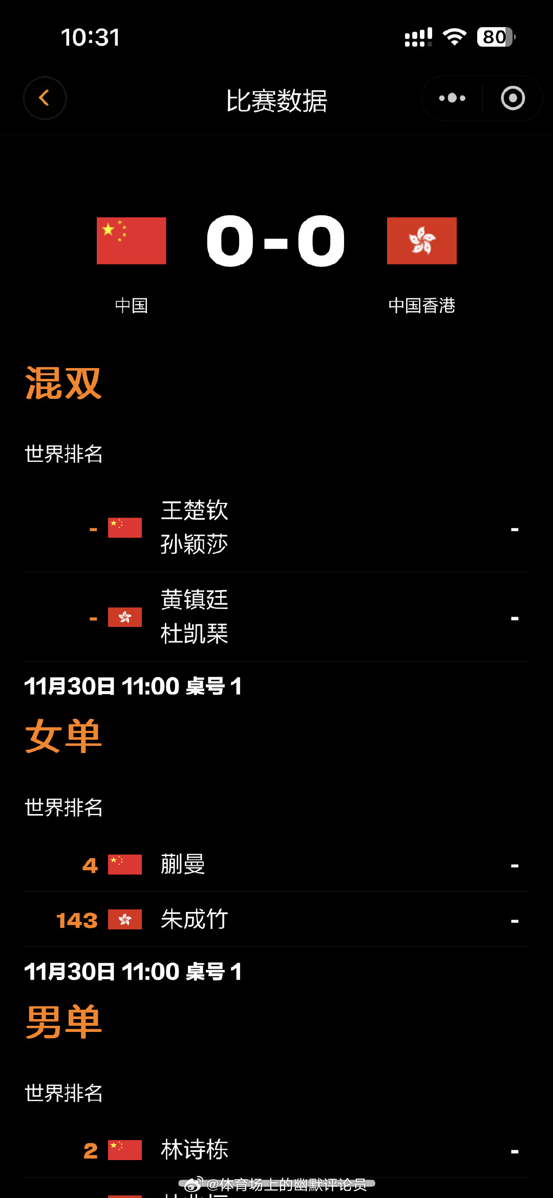 20251130｜混团对阵11月30日 11：00T1  中国VS中国香港第一盘