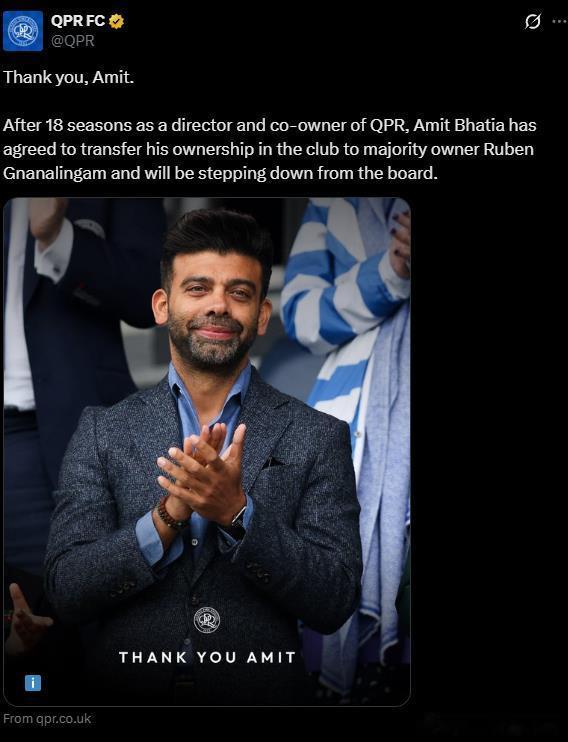 作为QPR的董事和联合股东效力18个赛季后，阿米特·巴蒂亚已同意将其在俱乐部的所