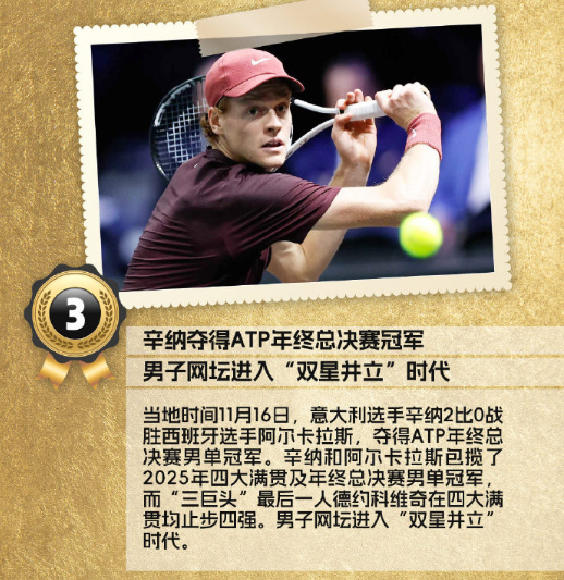 【2025国际十大体育新闻】央视体育甄选年度国际十大体育新闻，网球部分为：辛纳夺