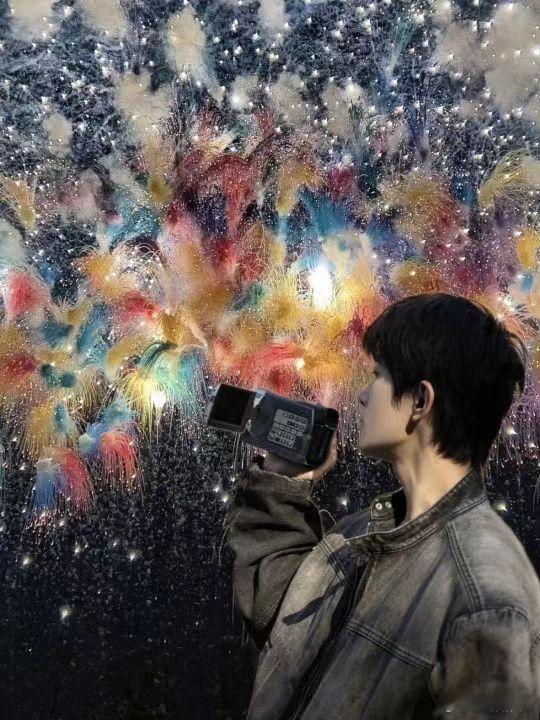 #易烊千玺和烟花的适配度# 易烊千玺处在烟花绚丽的仙境之中，抬头仰望的瞬间，氛围