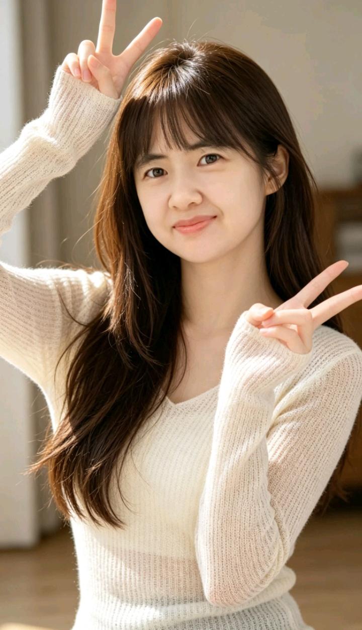 一个女孩在比V字手势，微笑着。什么样的女人会让男人永记心间? 比个V手势 比心写