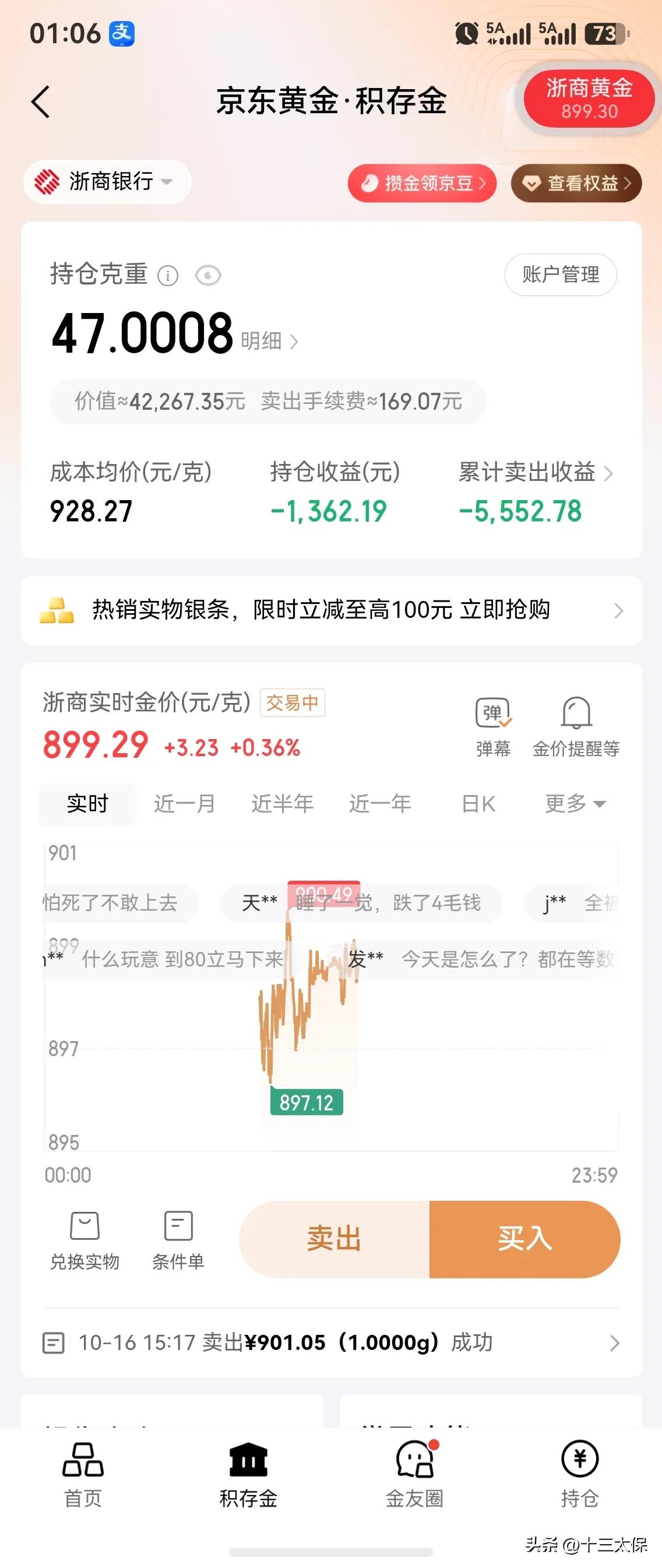 黄金周一开盘就897元每克，结果都一天了，还在那画线，从开盘到下午一点，一看就跌