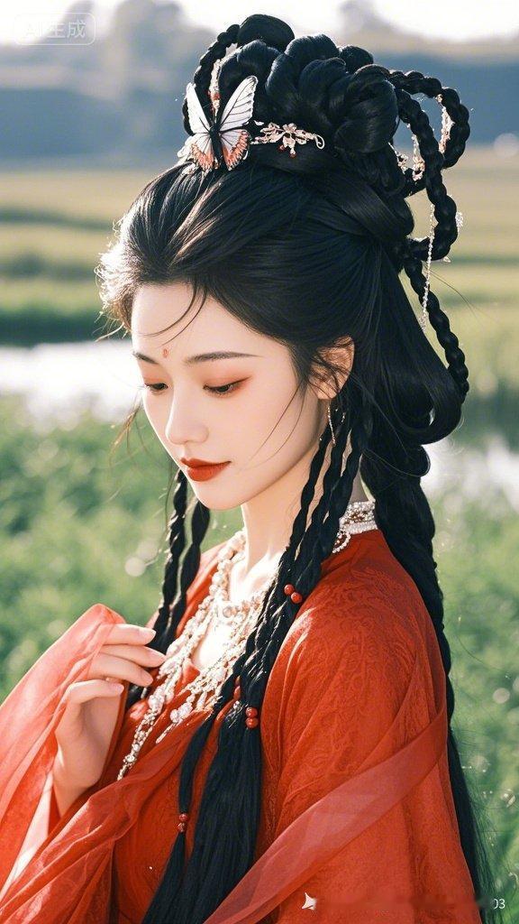 古风少女，黑发如瀑，红衣似火，蝴蝶翩翩起舞。