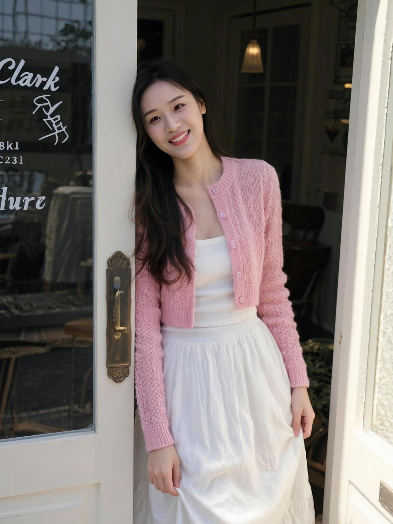 针织开衫与白色连衣裙的搭配，温柔中透着几分俏皮，仿佛是春日里的一缕清风。窗边的阳