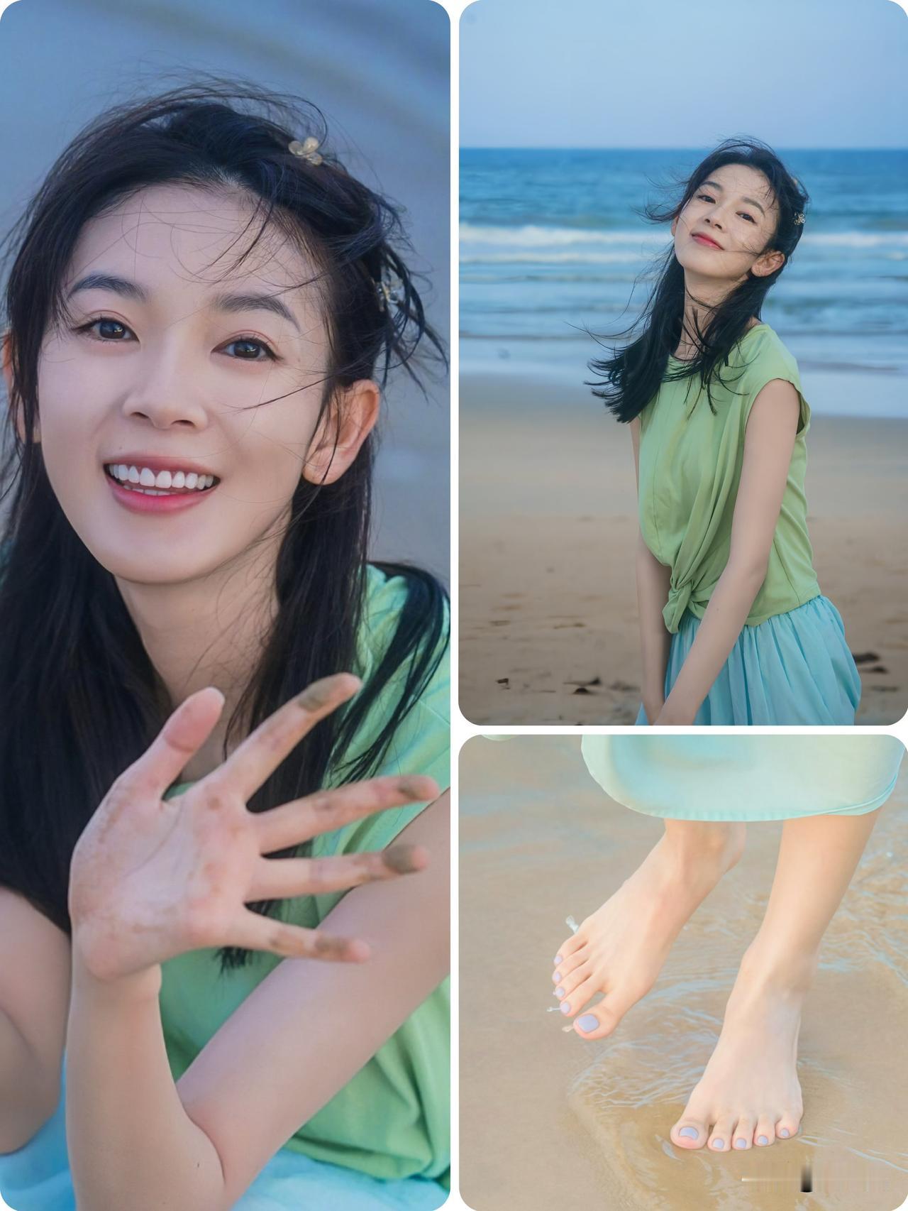 陈瑶海边清新造型，赤脚玩水反倒抢足风头
