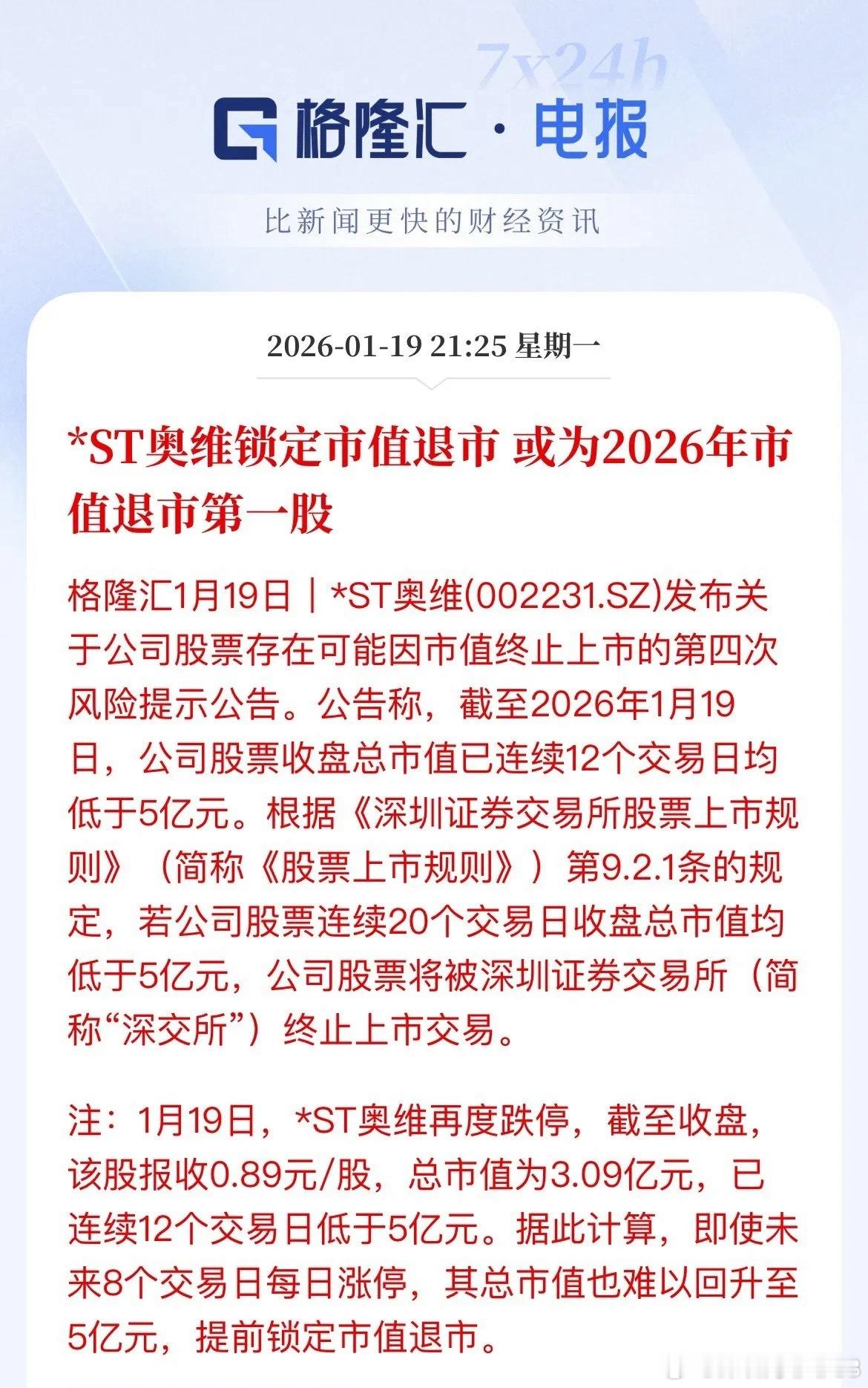 又要埋多少人了？A股2026年退市第一股锁定“ST奥维”，开年第一个月，第一只股