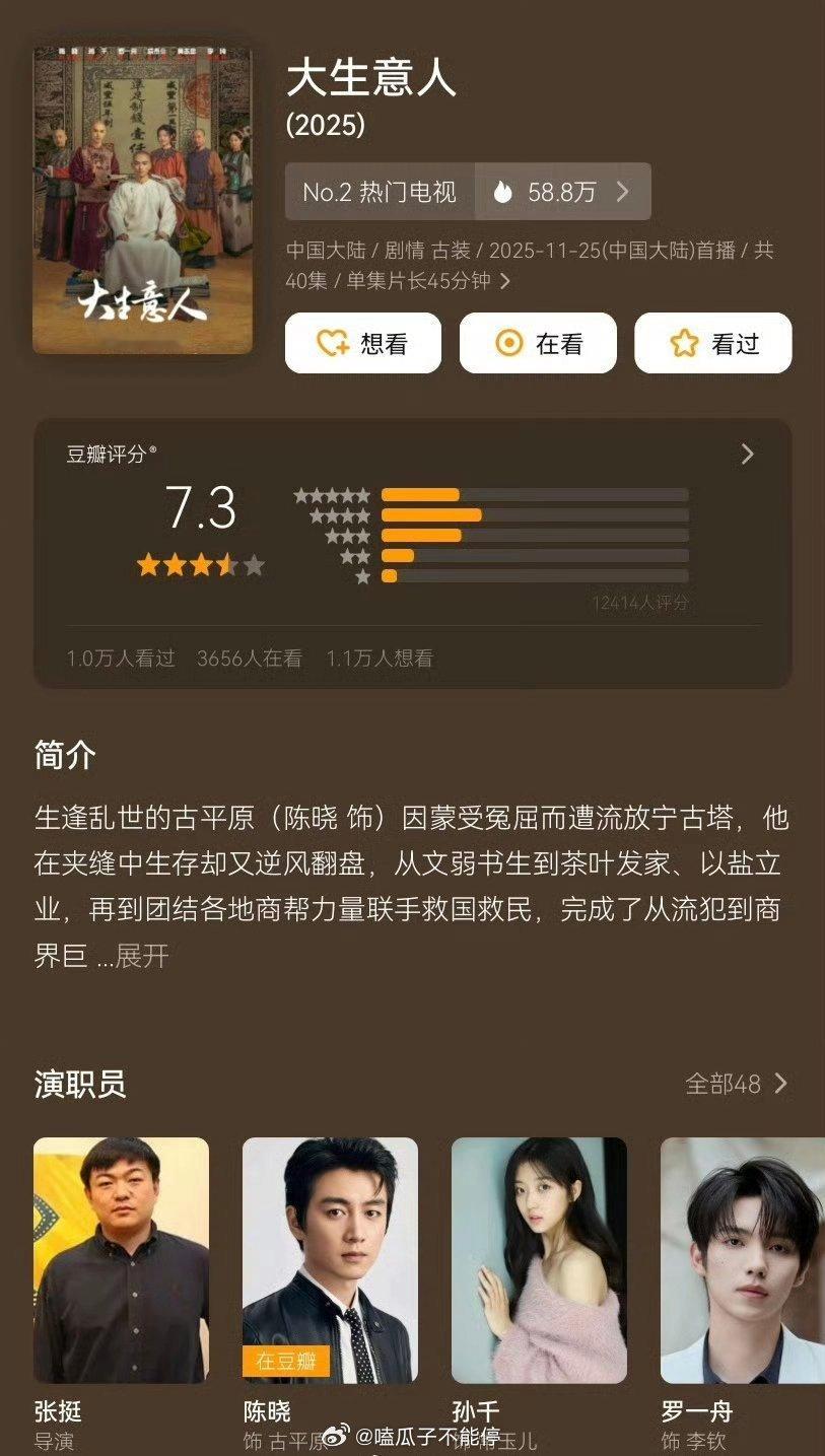 陈晓、孙千、罗一舟《大生意人》豆瓣开分7.3，高了低了 