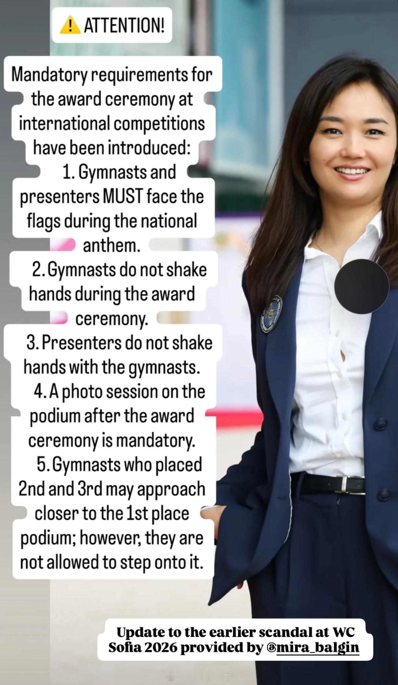 对于上一站世界杯出现的争议事件，WG给出了以下领奖台要求：1.运动员和颁奖嘉宾必