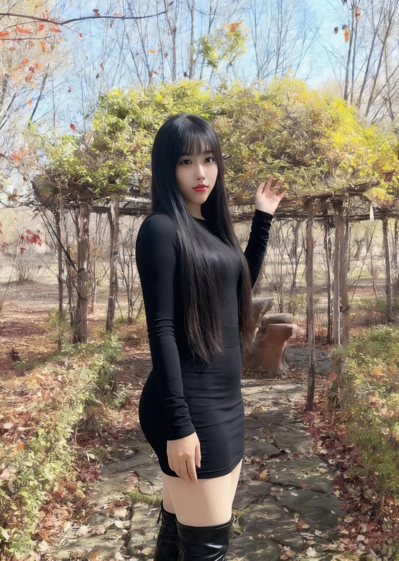 一袭玄裙映晓光，发丝垂处落松香。
轻抬素手招云住，留住秋林半树黄。