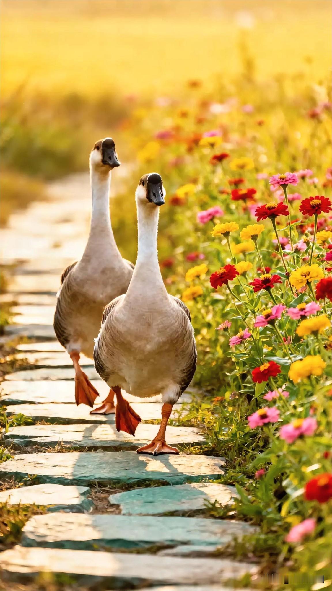 两只优雅的鹅漫步在花海小径上，享受着大自然的美好时光。