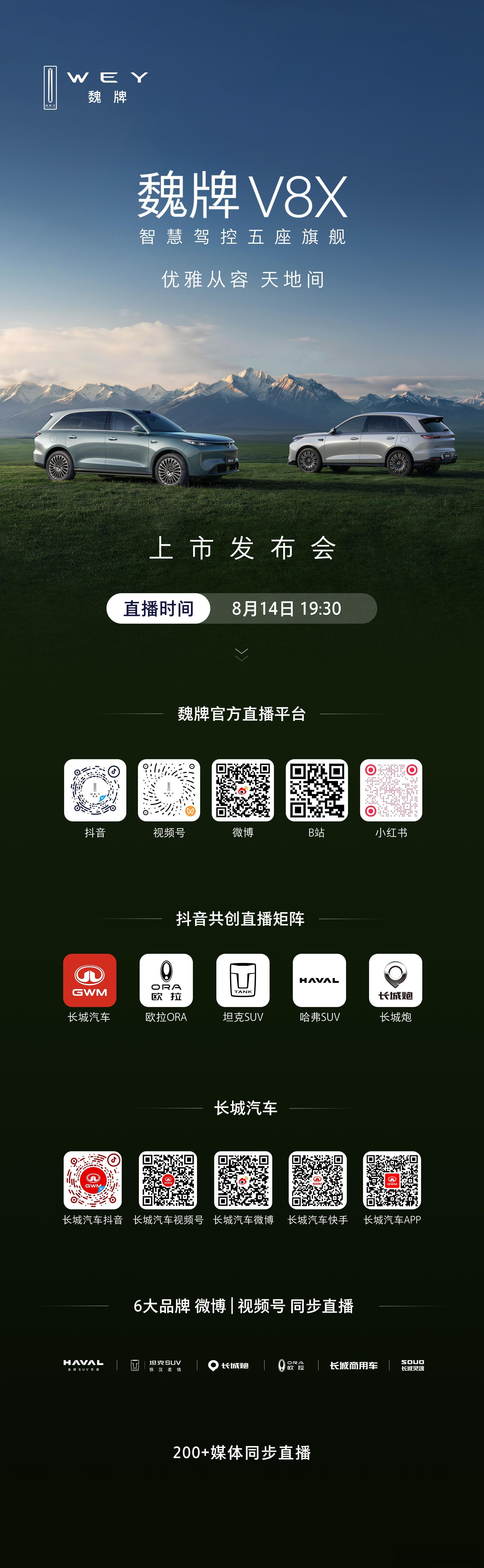 智慧驾控五座旗舰魏牌V8X 即将上市 8月14日19:30 锁定官方直播间 共同