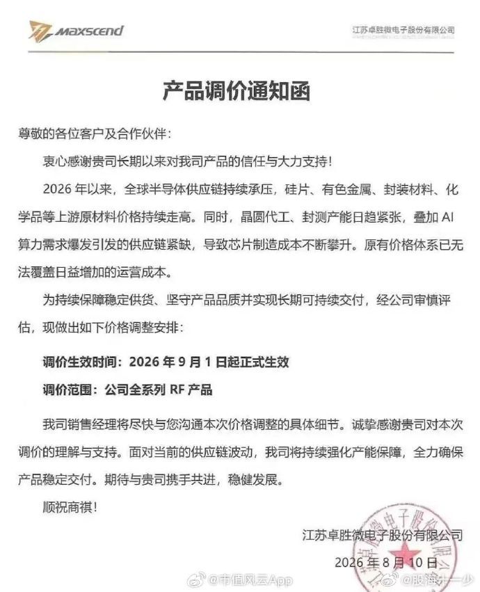卓胜微，全系涨价！半导体芯片制作全线涨价，这又是支撑。 