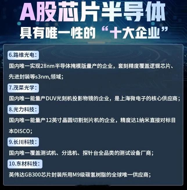 A股芯片半导体具有唯一性的“十大企业”核心信息总结（按排名顺序）：1-5名中微公