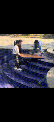 新脑袋瓜子就是好使！无师自通的团队协作，太默契！

三个小朋友在干的游泳池旁，用